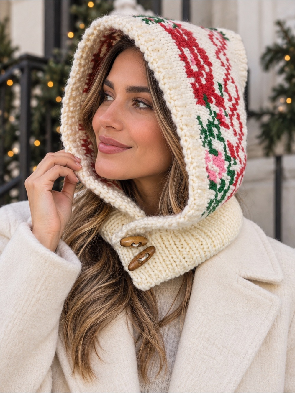 Free People Cream Knit Hooded Scarf with Red, Green & Pink Fair Isle